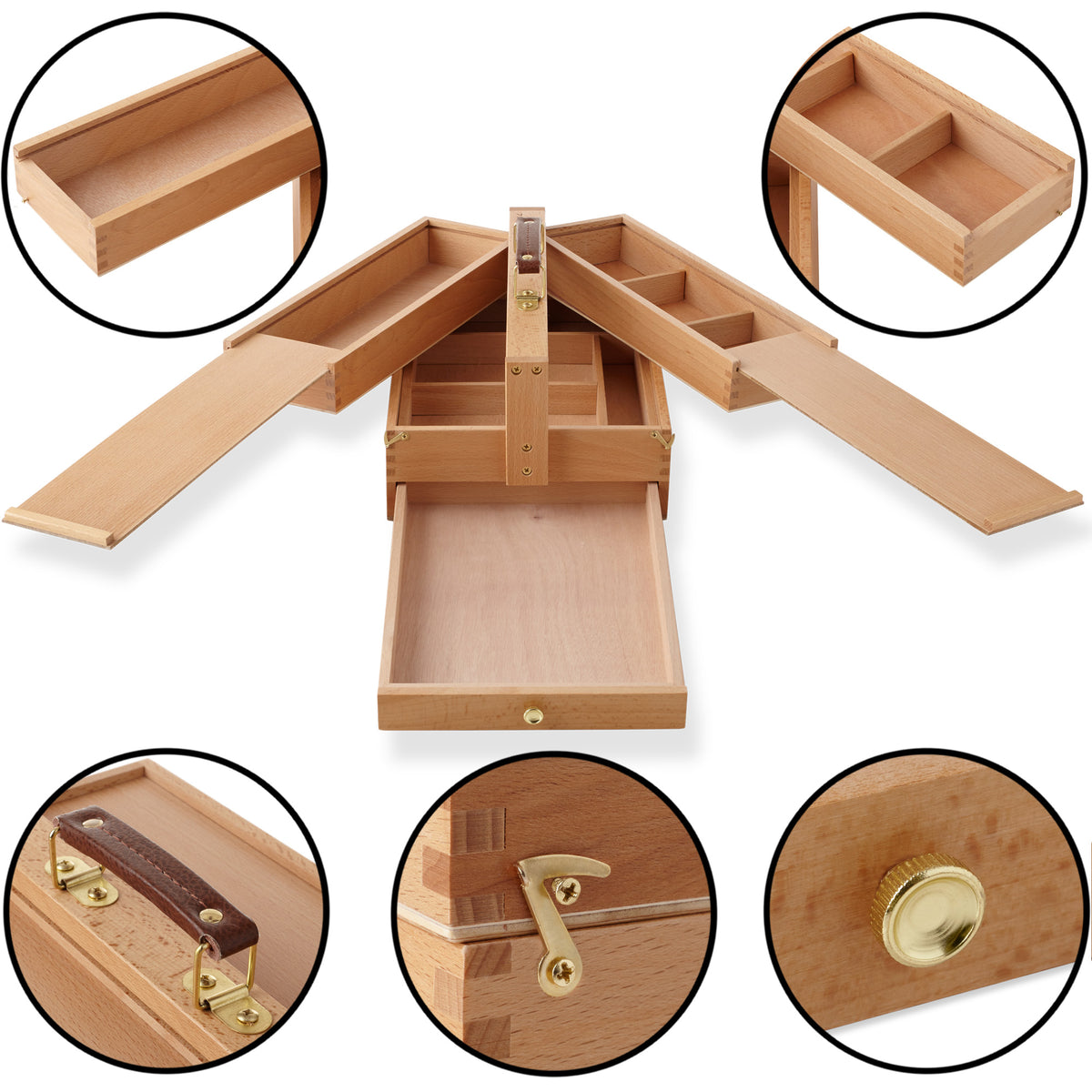 7 Elements Wooden Art Supply Storage Organizer - Large Beechwood Artist  Tool Box with Drawer