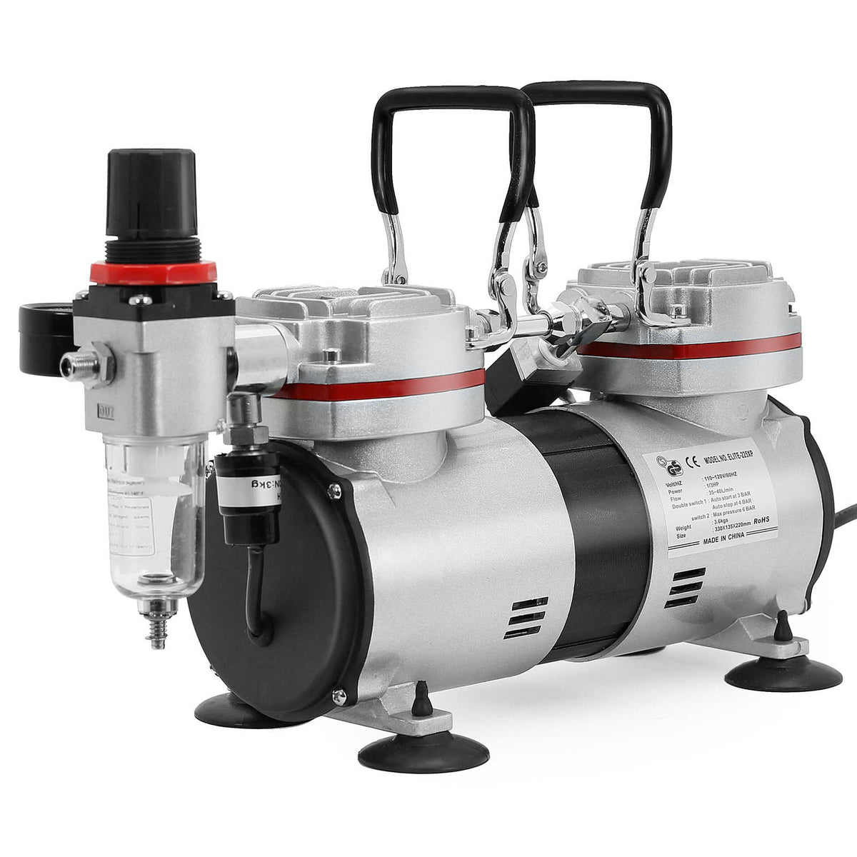 Professional High Performance 4 Cylinder Piston Airbrush Air Compressor  with Air Storage Tank, Regulator, Gauge & Water Trap Filter
