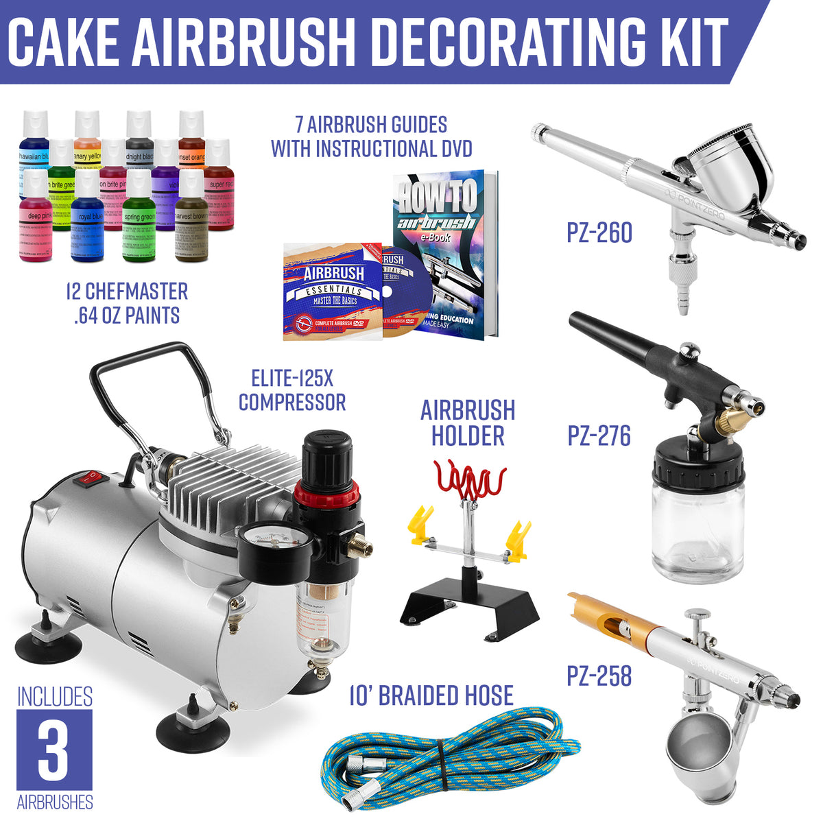 Cake Airbrush Decorating Kit - 3 Airbrushes, Compressor & Paint – Mix  Wholesale