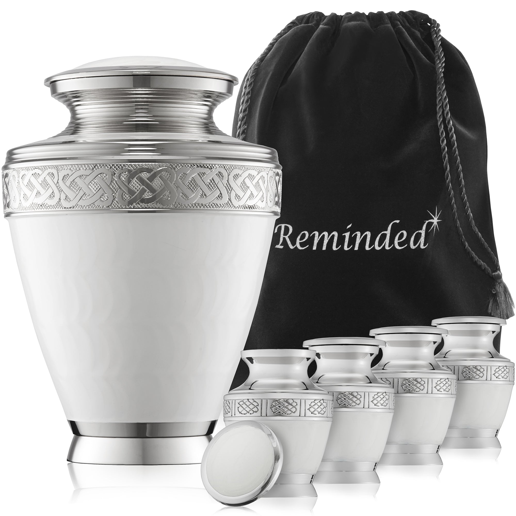 White Celtic Cremation Urns for Human Ashes - 1 Adult + 4 Keepsake