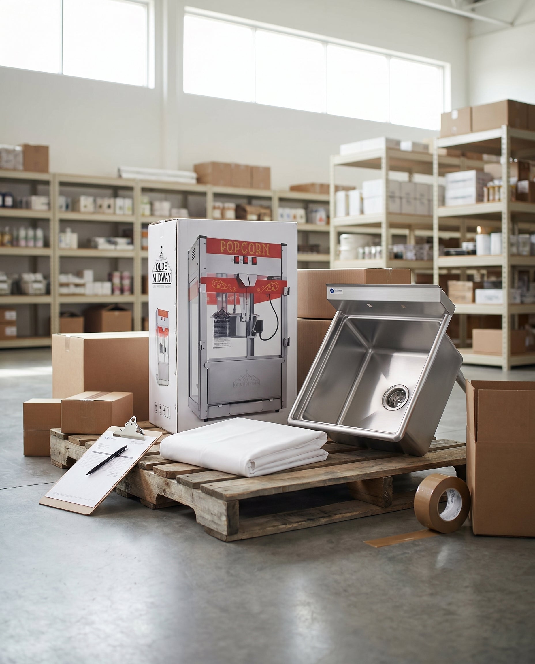 Mix Wholesale fulfillment floor — Gridmann sink, Olde Midway popcorn machine, and Lann's tablecloth on a wooden pallet ready to ship