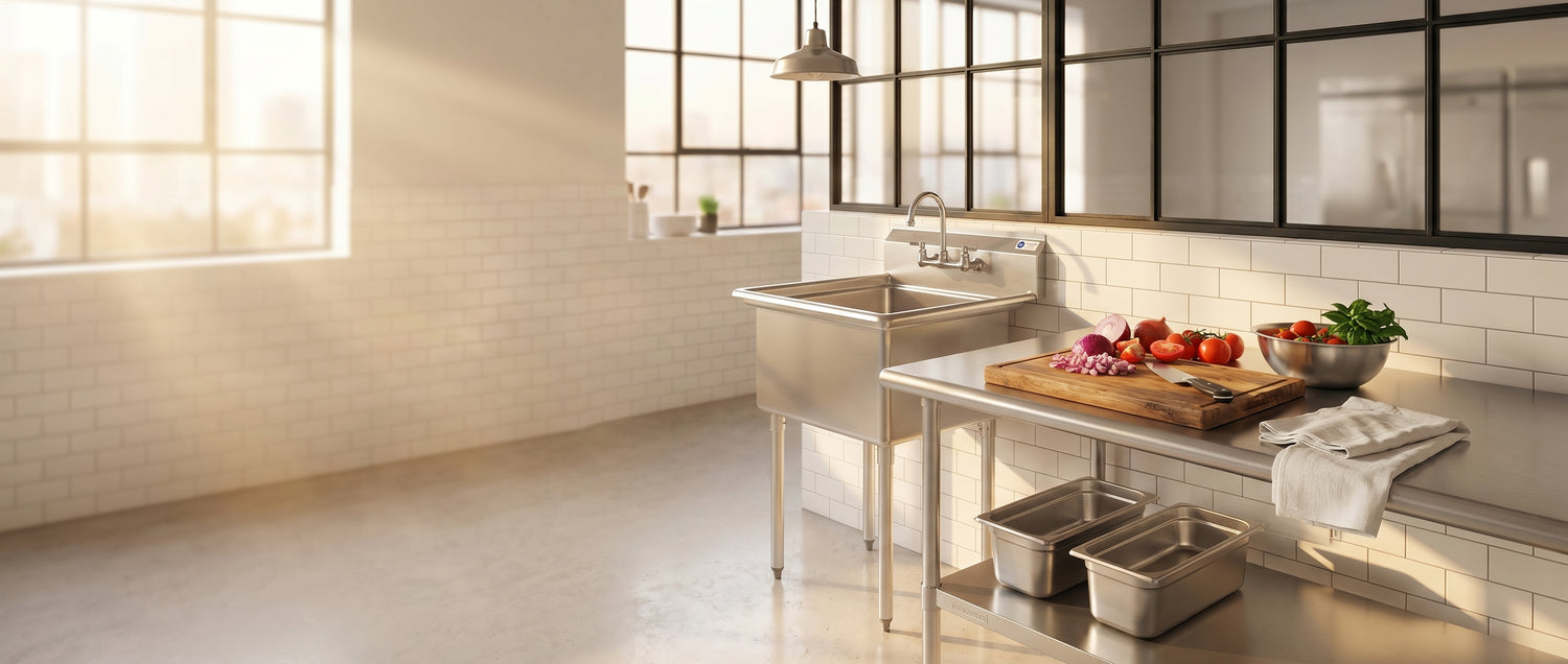 Mix Wholesale commercial kitchen hero — Gridmann stainless steel sink and prep table in working commercial kitchen