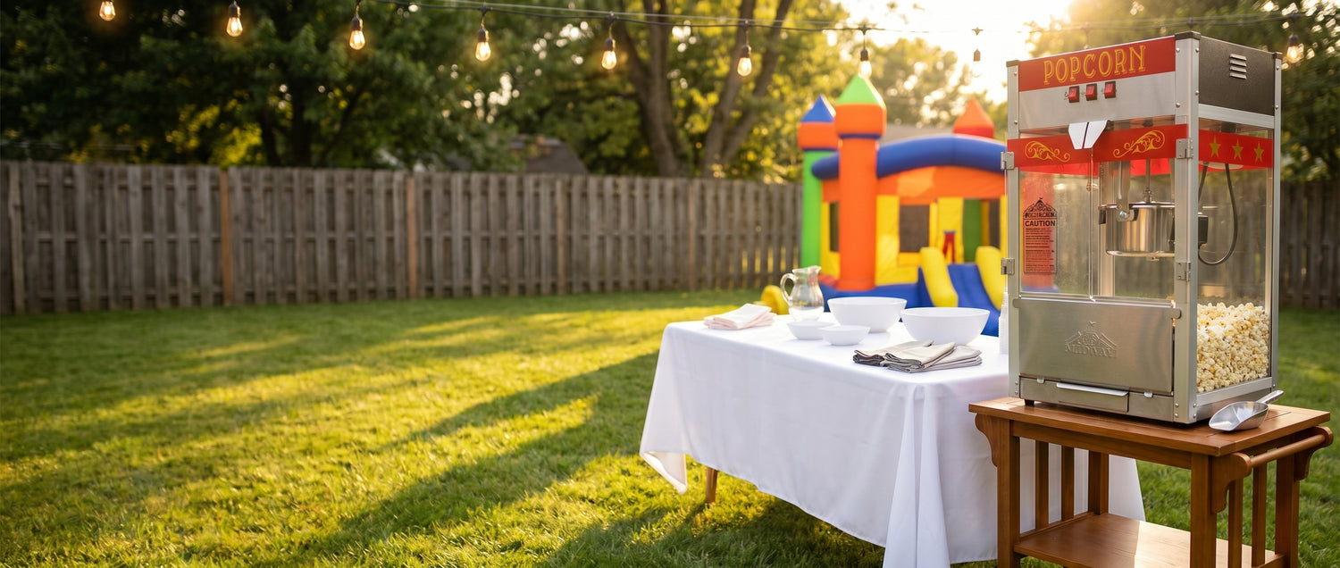 Mix Wholesale backyard event hero — popcorn machine and tablecloth setup at golden hour