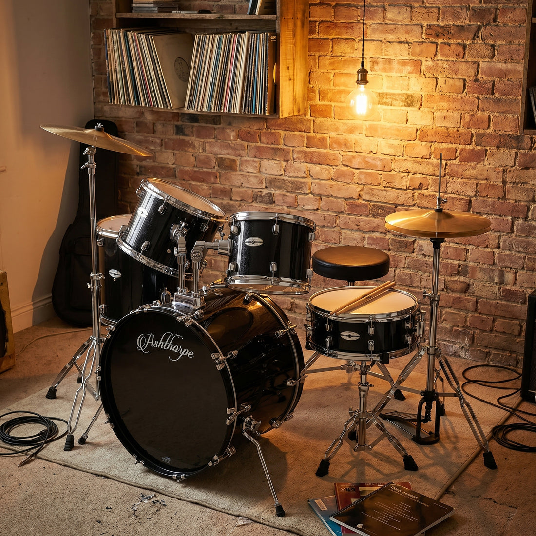 Ashthorpe 5-piece drum set in a small home practice room with brick wall and vinyl records