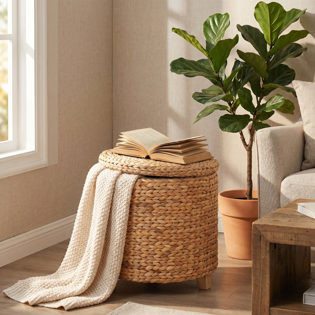 Casafield round water hyacinth storage ottoman in a cozy reading nook with throw blanket and houseplant