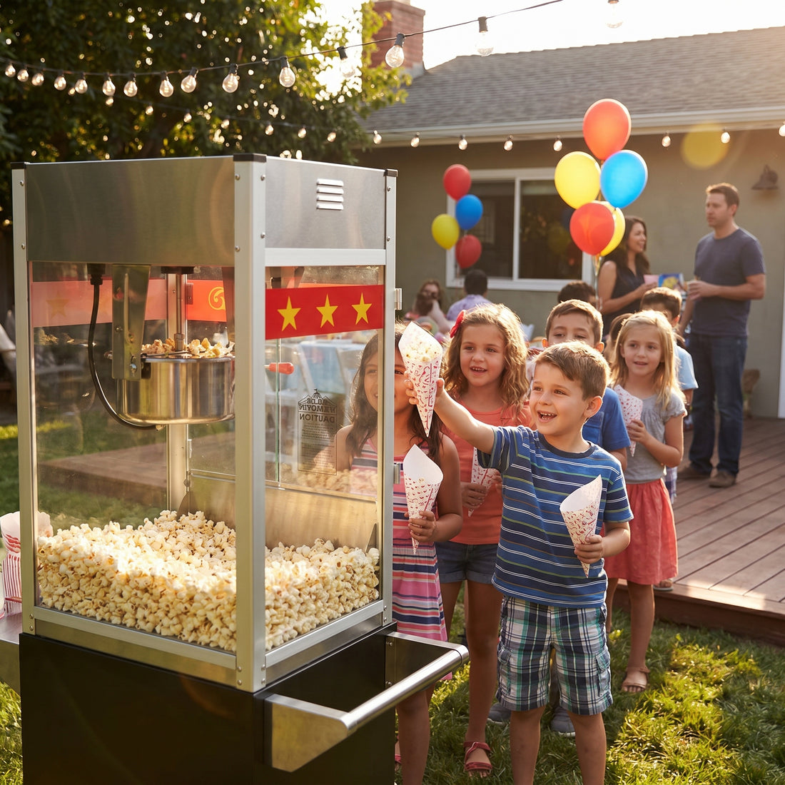 Olde Midway 16-oz commercial popcorn machine at a backyard birthday party