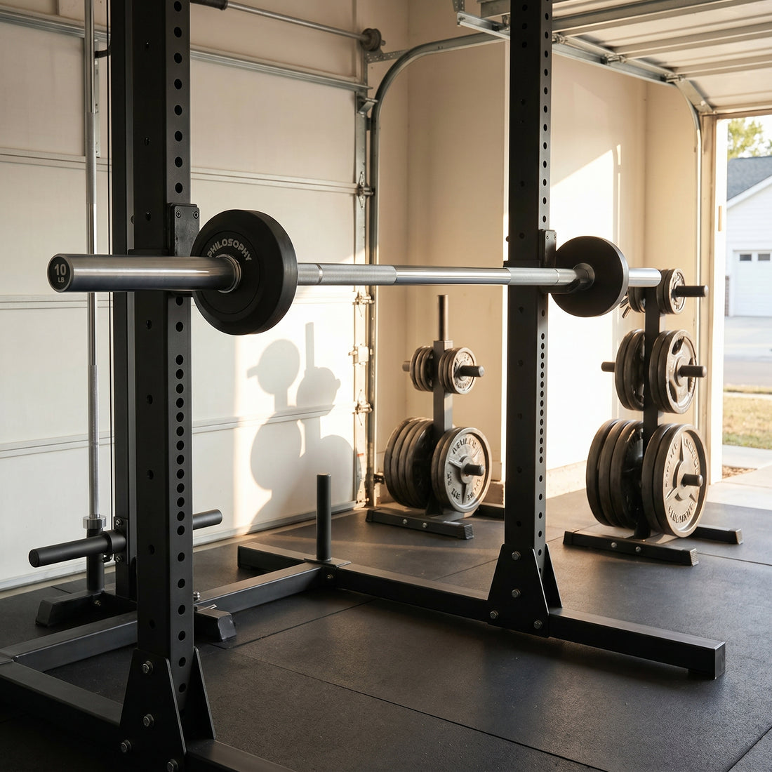 Philosophy Gym pre-loaded rubber straight barbell on a rack in a clean garage gym