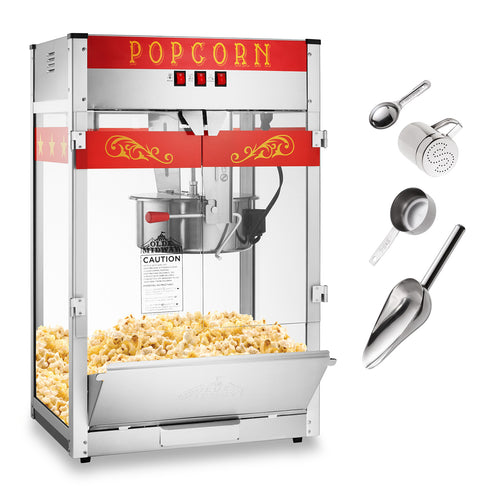STAINLESS STEEL ACCESSORIES INCLUDED: Popcorn machine comes with a 1/2 cup measuring cup, tablespoon, popcorn scoop, and salt shaker.