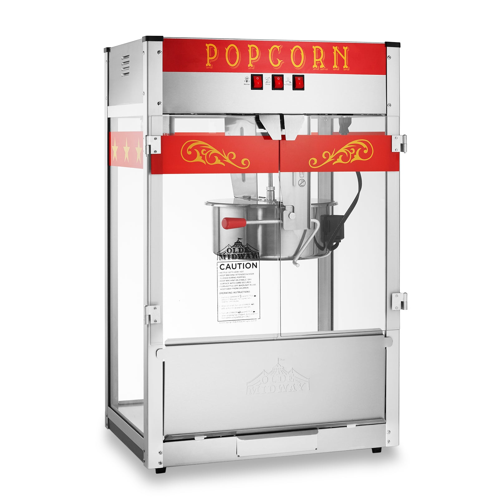 TOP QUALITY: Fashioned with updated modern features, this attractive popcorn machine offers visual appeal and lasting durability. Constructed of commercial-quality, heavy-duty stainless steel and 1440 watts of power this 16-ounce kettle can produce about 6-gallons of popcorn per batch to satisfy large crowds.